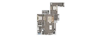 A floor plan of a house with a living room, two bedrooms, a kitchen, a bathroom, and a laundry area.