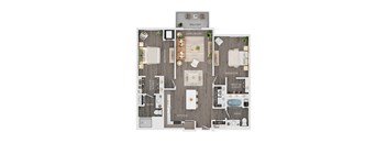 A floor plan of a house with a living room, two bedrooms, a kitchen, a bathroom, a laundry room, and a balcony.