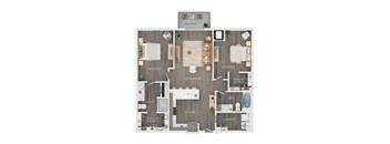 A floor plan of a house with a balcony, two bedrooms, a living room, a kitchen, a bath, a walk-in closet, and a laundry area.