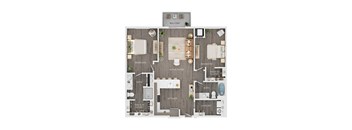 A floor plan of a balcony, bedrooms, living room, kitchen, laundry, and bathrooms.