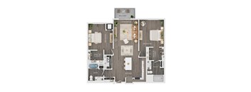 A floor plan of a house with a living room, two bedrooms, a bathroom, a kitchen, and a laundry area.