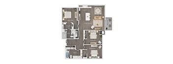 A floor plan of a house with a kitchen, living room, and three bedrooms.