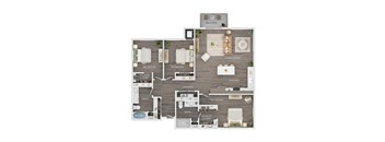 A floor plan of a house with a balcony, living room, kitchen, laundry, and four bedrooms.