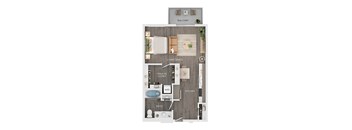 A floor plan of a small apartment with a living space, kitchen, bathroom, and walk-in closet.