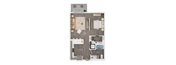 A floor plan of a home showing a living room, kitchen, bedroom, and bathroom.