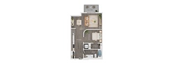 A floor plan of a home with a living room, kitchen, bedroom, and bathroom.