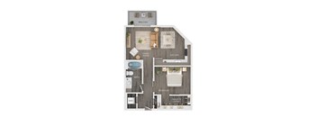 A floor plan of a home showing a living room, kitchen, bath, and balcony.