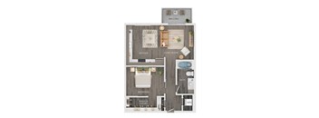 A floor plan of a house showing the layout of the kitchen, living room, bedroom, bathroom, balcony, walk-in closet, and workspace.
