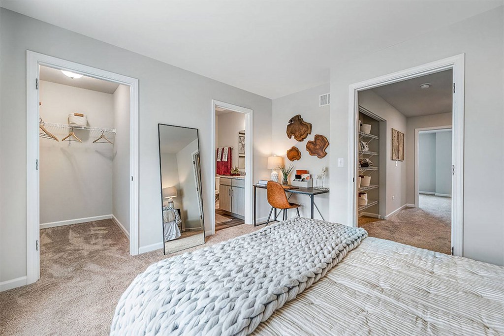 a bedroom with a large bed and a closet