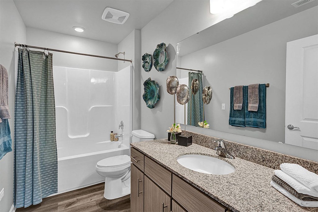 a bathroom with a sink and a shower and a toilet