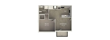 A floor plan of a room with a bathroom, eat area, relax area and an entertainment area.
