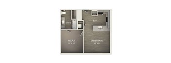 A floor plan of a small apartment with a bathroom, laundry, eat, relax, and entertain sections.