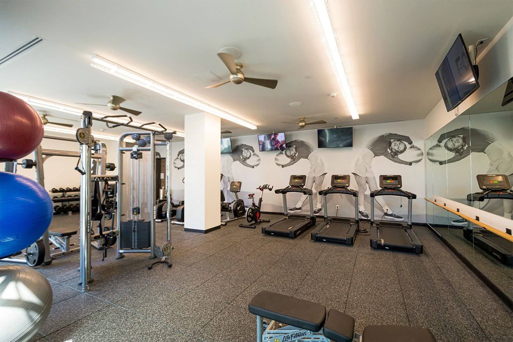 A gym with treadmills, weights, and exercise equipment.