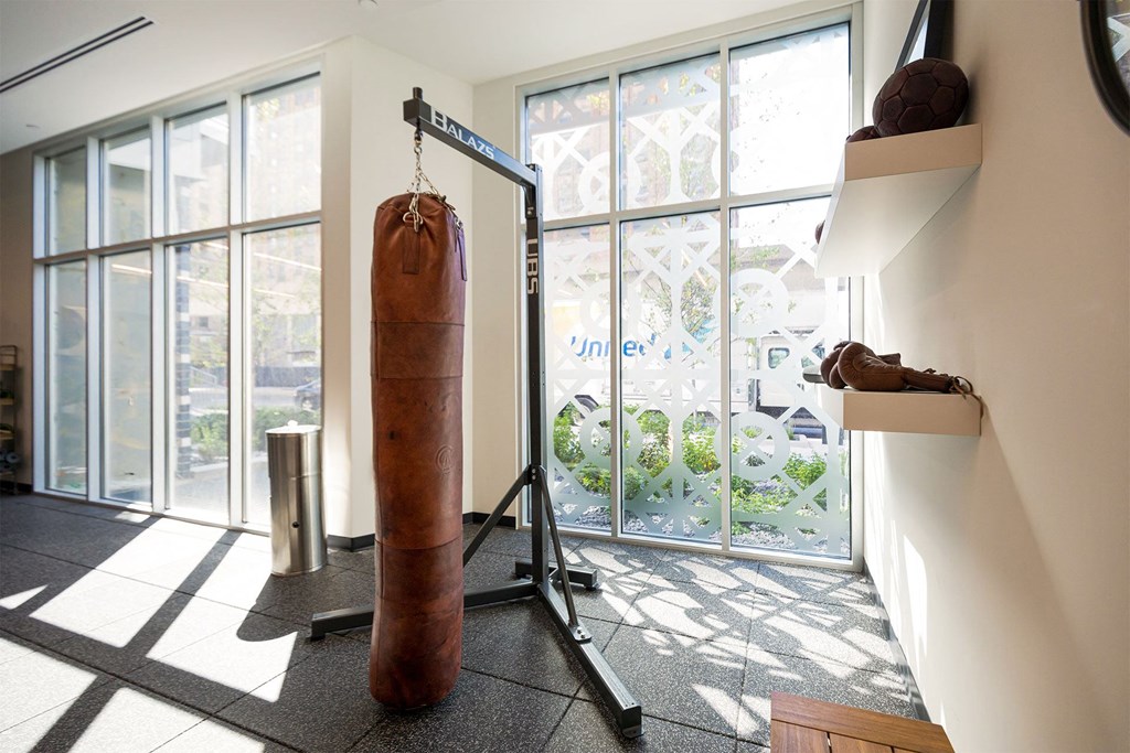 A brown punching bag is hanging from a stand in a room with a window showing a view of a garden.