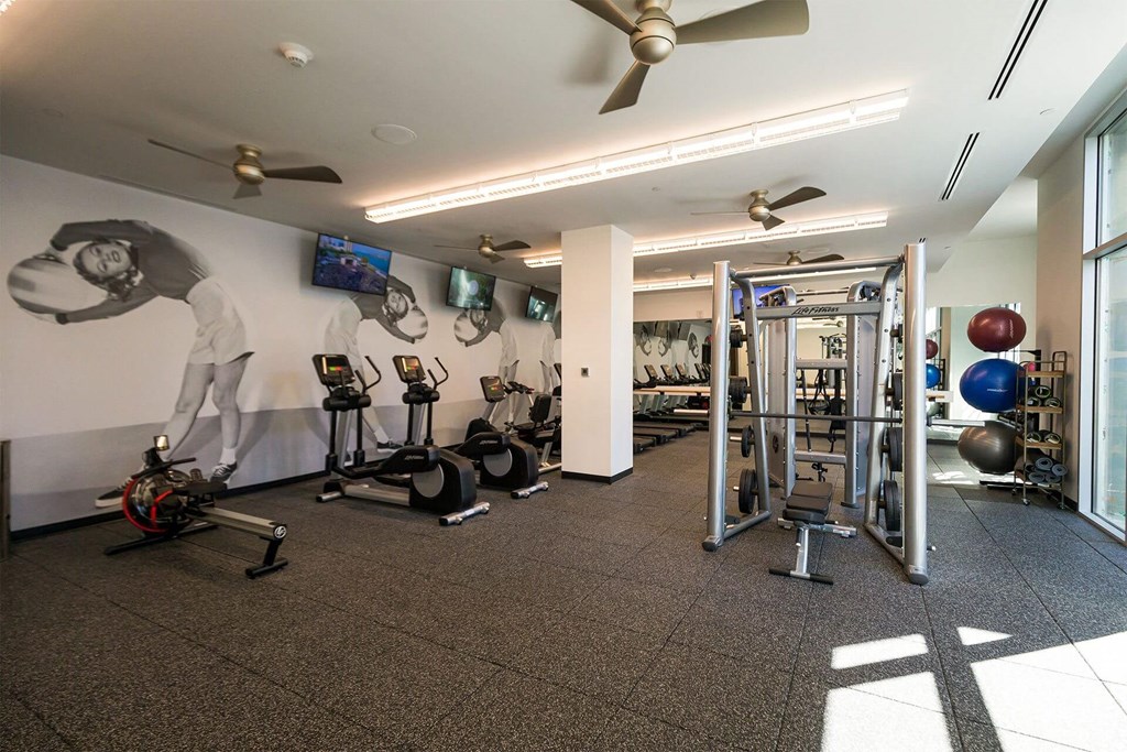 A gym with a variety of equipment including a rowing machine, a leg press machine, a squat rack, and a wall-mounted television.