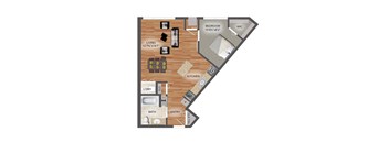 A floor plan of a small apartment with a living room, kitchen, bathroom, and bedroom.