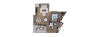 A floor plan of a small apartment with a living room, kitchen, two bedrooms, and a bathroom.