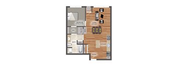 A floor plan of a one bedroom apartment with a living room, kitchen, bathroom, and laundry room.
