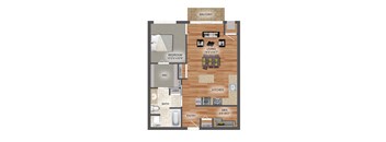 A floor plan of a home with a living room, kitchen, and bathroom.