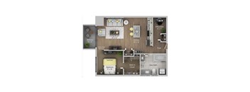 A floor plan of a house with a living room, kitchen, two bedrooms and a bathroom.