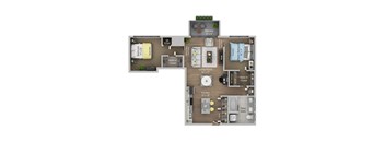 A floor plan of an apartment with a living room, kitchen, and two bedrooms.