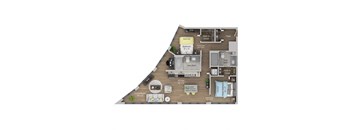 A floor plan of a home with a living room, kitchen, and two bedrooms.