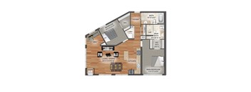 A floor plan of a house with a living room, dining room, kitchen, and two bedrooms.
