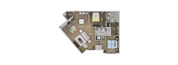 A floor plan of a house with a dining room, living room, kitchen, and bathrooms.