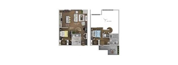 A floor plan of a home with a kitchen, living room, and bathrooms.