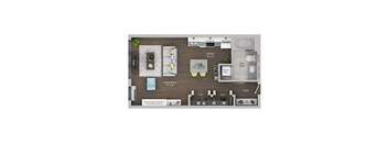 A floor plan of a small apartment with a living room, kitchen, and bathroom.