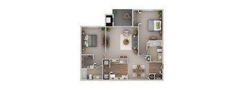 A top-down view of a house layout with a kitchen, living room, and bathroom.