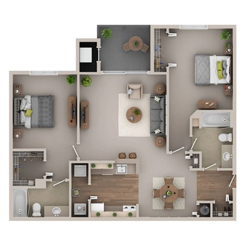 A top-down view of a house layout with a kitchen, living room, and bathroom.