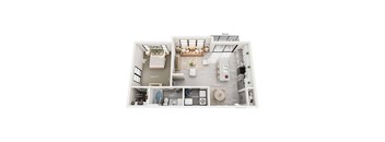 A floor plan of a home showing a bedroom, living room, kitchen, and bathroom.