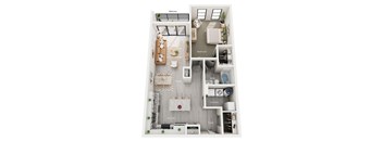 A floor plan of a small apartment with a balcony, living room, dining area, kitchen, bathroom, laundry, and walk-in closet.