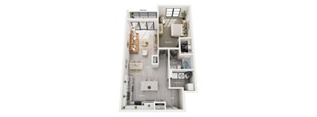 A floor plan of a small apartment with a balcony, living room, dining area, kitchen, bathroom, laundry, and walk-in closet.