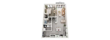A floor plan of a small apartment with a balcony, living room, dining area, kitchen, bathroom, laundry, and walk-in closet.