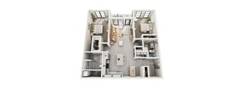 A floor plan of a two-bedroom apartment with a living room, kitchen, and bathrooms.