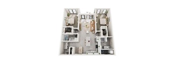 A floor plan of a two-bedroom apartment with a living room, kitchen, and bathrooms.
