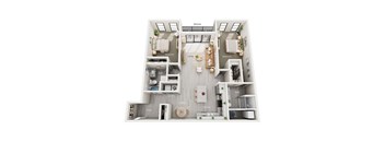 A floor plan of a two-bedroom apartment with a living room, kitchen, and bathrooms.