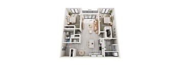 A floor plan of a two-bedroom apartment with a living room, kitchen, bathrooms, and laundry area.