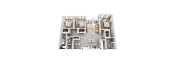 A floor plan of a three-bedroom apartment with a living room, kitchen, bathrooms, and laundry area.