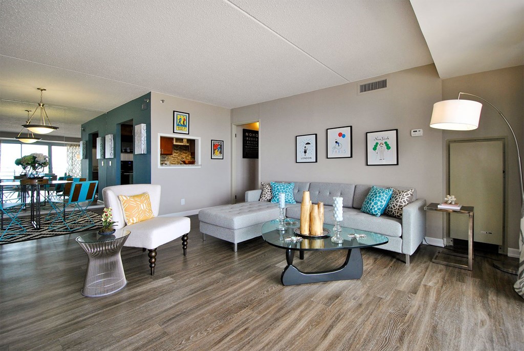 a living room with a couch and a table