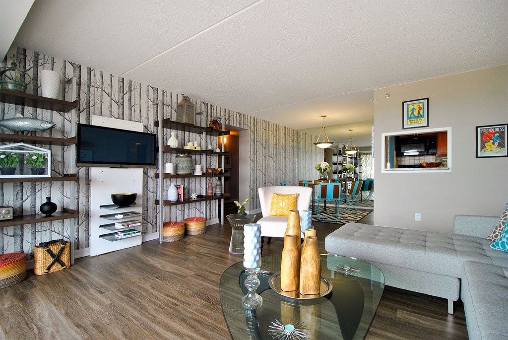 a living room with a couch and a table