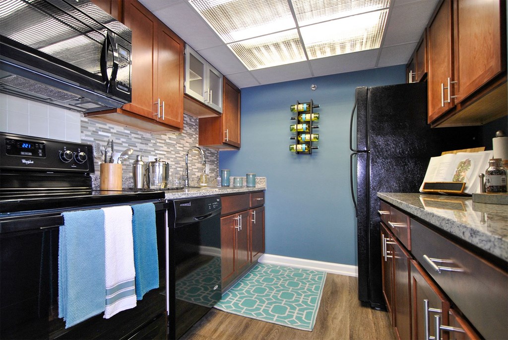 a kitchen with black appliances and a black refrigerator