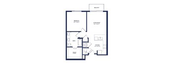 A floor plan of an apartment with a bedroom, living room, kitchen, bathroom, and walk-in closet.