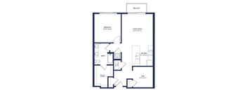 A floor plan of an apartment with a living room, kitchen, bath, bedroom, and den.