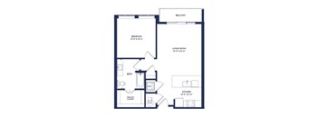 A floor plan of an apartment with a bedroom, living room, kitchen, bathroom, and walk-in closet.