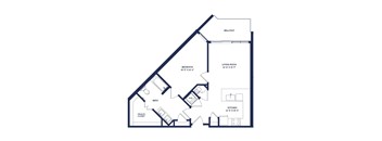 A floor plan of an apartment with a balcony, living room, kitchen, bedroom, bath, and walk-in closet.