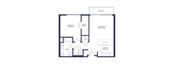 A floor plan of a house with a balcony, living room, kitchen, bathroom, and bedroom.