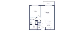 A floor plan of an apartment with a bedroom, living room, kitchen, bathroom, and walk-in closet.